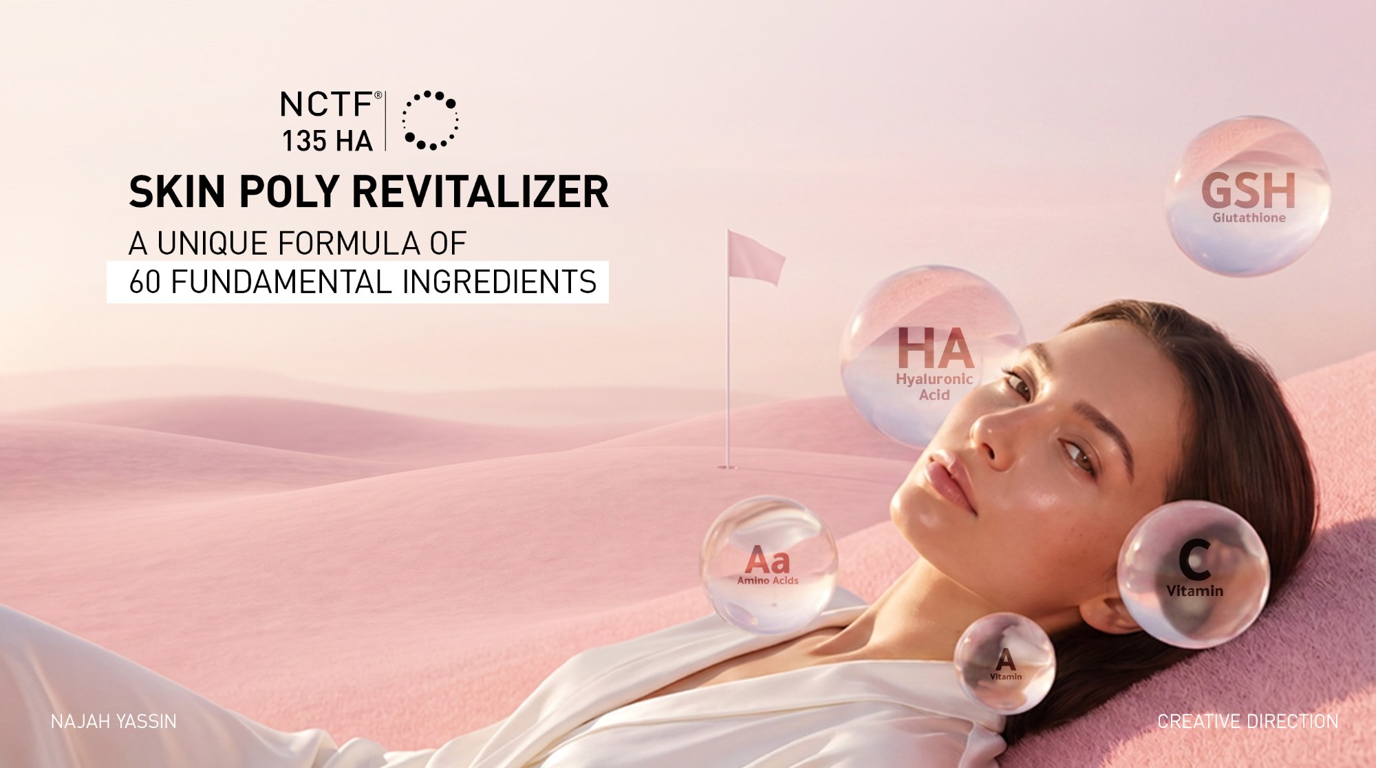 NCTF 135 HA key visual — Skin Poly Revitalizer, ingredient spheres